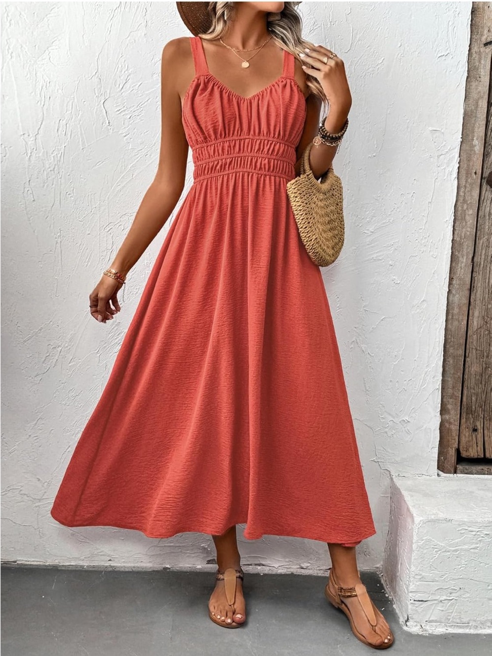 Spaghetti Strap Ruched Waist Maxi Dress in Terracotta